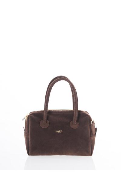 Kayra Logoed Suede Handbag Dark Brown