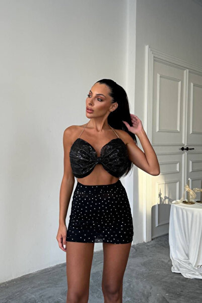 Afitapbutikmoda Zirkonyum Taş Baskılı Astarlı Mini Etek