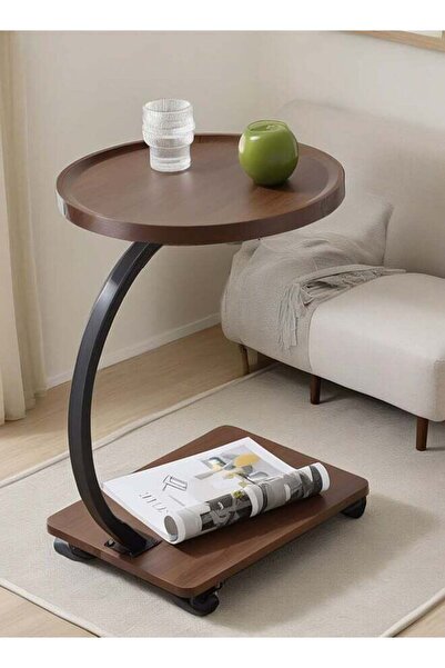 GOG Ominii Rolling Wooden Tray Table with Wheels – C-Shaped Sofa Side Table f...