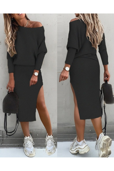 DoğaMilya Butik Women's Long Sleeve Low Shoulder Slit Detail Camisole Skirt B...