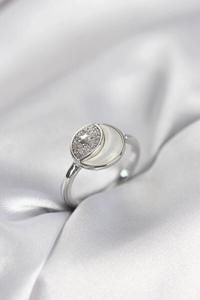 shopwave خاتم نسائي من موديل مون ستار باللون الفضي وحجر الزركون