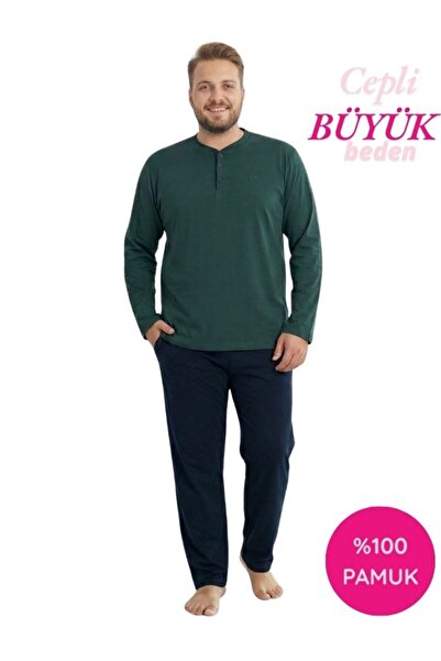 bie's Set de pijamale pentru bărbați, verde, mărime mare, cu 3 nasturi, 100% ...