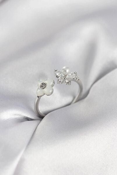 shopwave خاتم نسائي موديل زهرة لؤلؤية فضية اللون