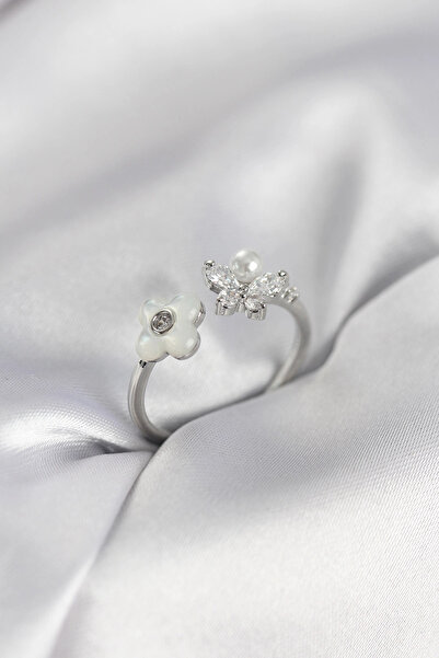 shopwave خاتم نسائي فضي اللون بتصميم زهرة لؤلؤية - TJ-BYK3982