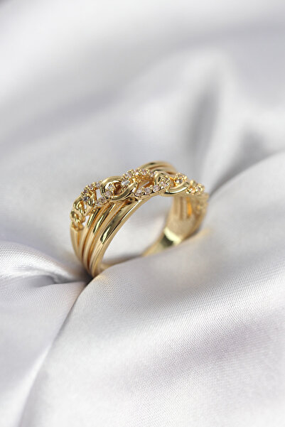 FREEDOM STOREE Gold Color Zircon Stone Chain Model Women's Ring