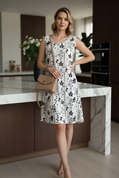 Mossta Zero Sleeve Comfortable Fit Patterned Mini Single Jersey Dress - Black