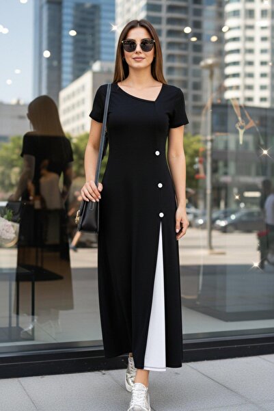 Mossta Asymmetric Collar Button Detailed Midi Viscose Dress - Black