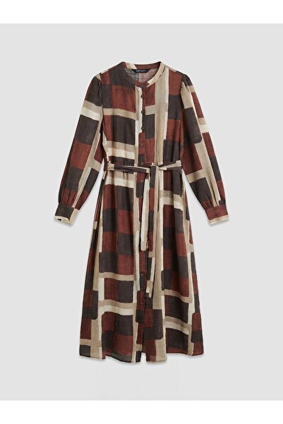 LC Waikiki Hakim Collar Patterned Waist-Slit Shirt Dress