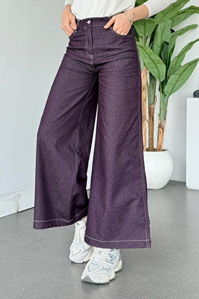 Hazamoda Pantaloni din denim cu picior larg, culoare prună