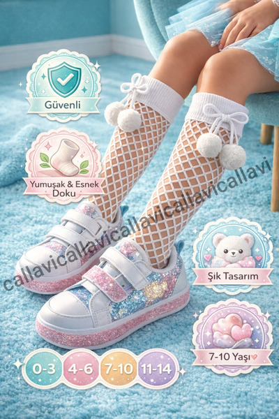 CALLAVI Șosete plasă până la genunchi pentru fete cu pompon, 3 perechi