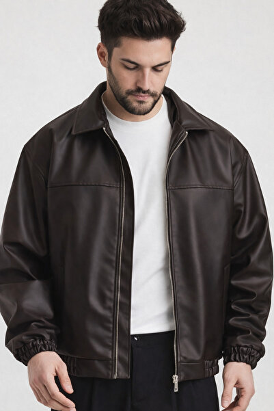 Rowsmen Jachetă din piele maro oversize pentru bărbați