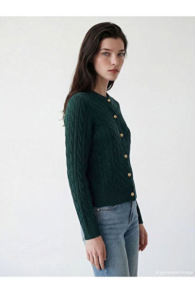 LC Waikiki Lcw Comfort Green Crew Neck Patterned Women's Knitwear Cardigan