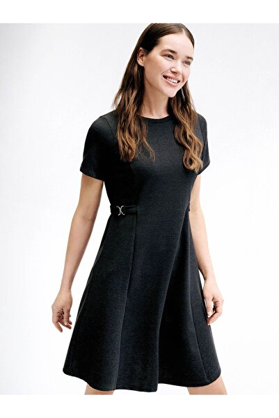 LC Waikiki Lcw Comfort Anthracite Mini Dress with Ornamental Belt Detail