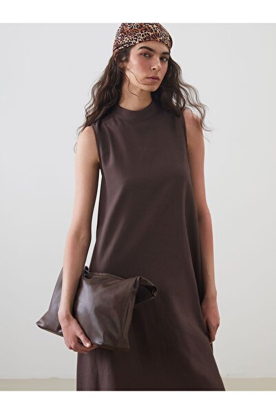 LC Waikiki Stand Collar A-Line Linen Blend Dress