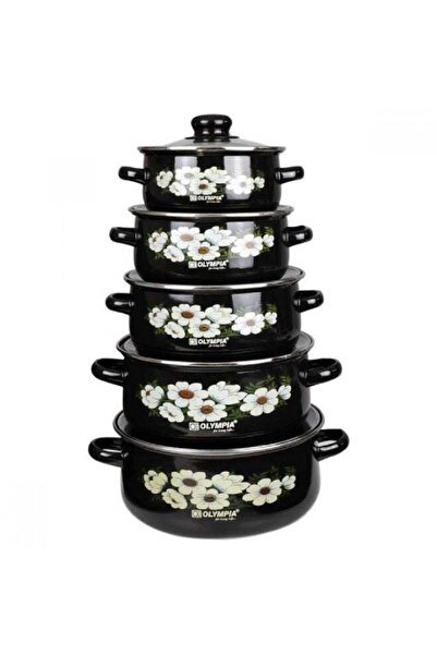 Olympia 10 Piece Floral Enamel Cookware Casserole Set with Glass Covers, Non-Stick Interior, Elegant