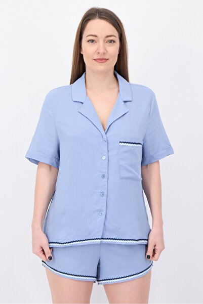 Nine West طقم بيجاما نسائي من قطعتين، بلوزة وشورت سادة، لون أزرق رمادي