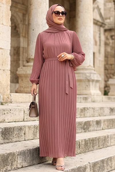 N.S NEVA STYLE Pleated Dark Dusty Rose Hijab Dress 30301Kgk