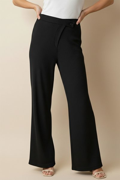 bshood X Nurbeli Black Pleated Asymmetrical Closure Women's Palazzo Pants