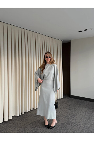 Laluvia Gri Yarasa Kol Modal Elbise - 5000