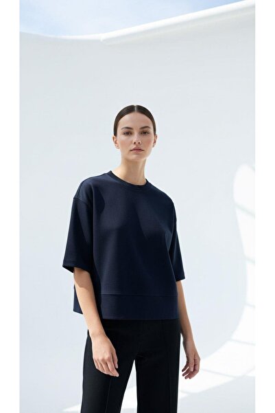 CKM MODA Velour oversize short sleeve basic t-shirt navy blue