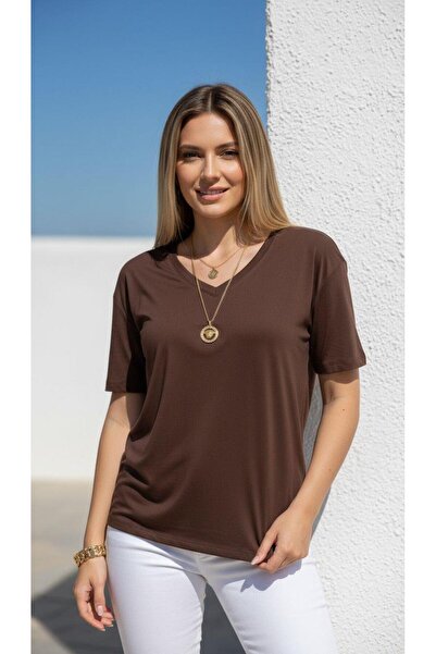 CKM MODA Loira Basic V-образно деколте с къс ръкав Modal T-Shirt Кафе