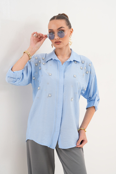 ZENA BY ÇETİN LEVENT Pearl Square Stone Embroidered Casual Loose Fit Women's ...