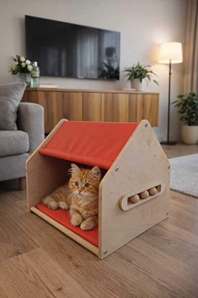 MeoWood Ahşap Kedi Evi –Renkli Kumaş - Modern İç Mekan Kedi Yuvası -