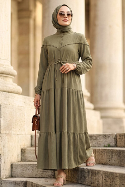 N.S NEVA STYLE Buttoned Green Hijab Dress 10213Cy