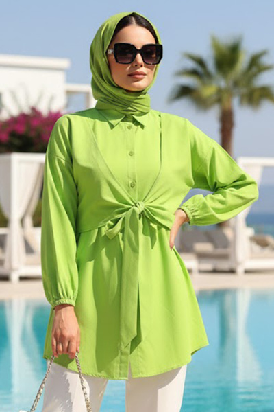 N.S NEVA STYLE Buttoned Pistachio Green Hijab Tunic 20316Fy