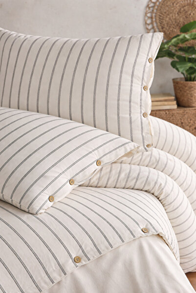 Uçkan home 100% Organic Cotton Washed Striped Double Duvet Cover Set - Natura...