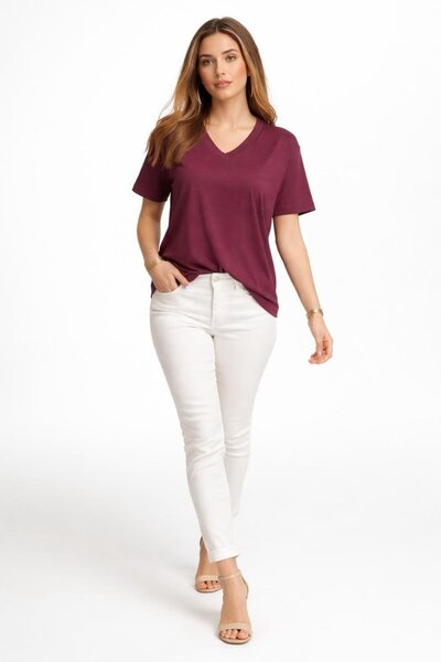 CKM MODA Loira Basic V-образно деколте къса ръкав модал тениска бордо