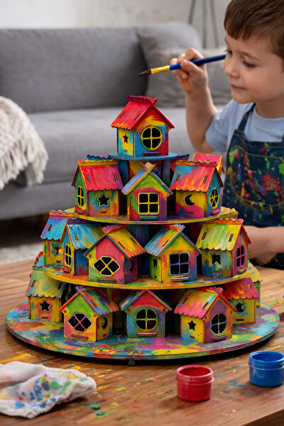 kutuTR 24 Parça Boyanabilir Mini Ahşap Ev Seti – Boya ve Kumbara Hediyeli