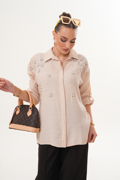 ZENA BY ÇETİN LEVENT Pearl Square Stone Embroidered Casual Loose Fit Women's ...