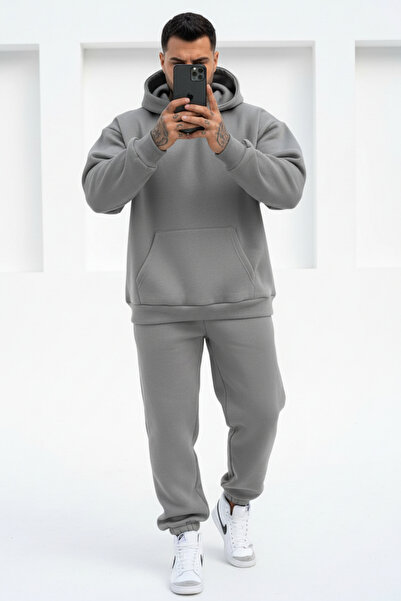 Runades Men's Soft Textured Oversized Kangaroo Pocket Hooded Tracksuit Set - ...