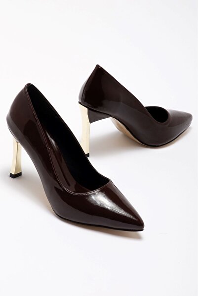 Saadet Kaya Butik Women's Bitter Brown Patent Leather Gold Heel Pointed Toe T...