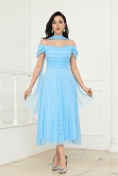 BEYBOS Rochie midi cu detalii șal din țesătură integrală din dantelă - ALBAST...