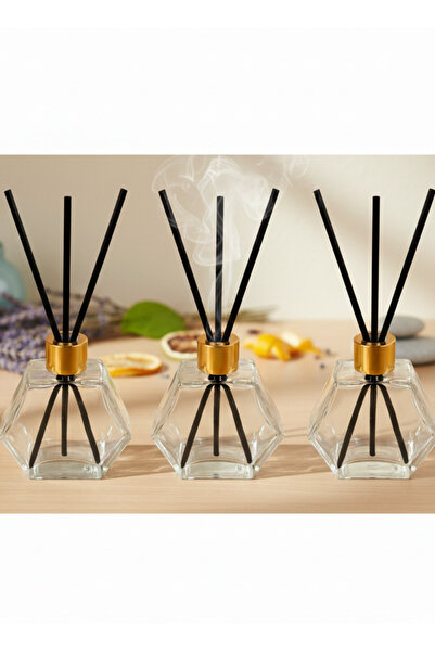 junibeliw 3lü Set Altıgen Cam Şişe Gold Kapaklı Fiber Bambu Çubuklu BOŞ Oda K...