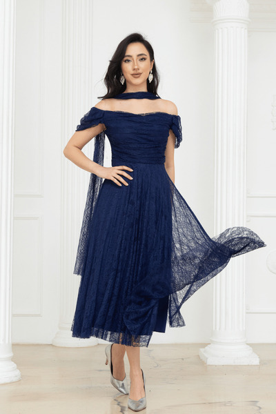 BEYBOS Rochie midi cu detalii șal din țesătură integrală din dantelă - ALBAST...