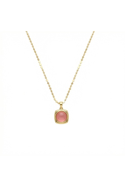 316L Steel Unshaded Women's Necklace | Gold Color Women's Necklace with Pink Gemstone 55CM