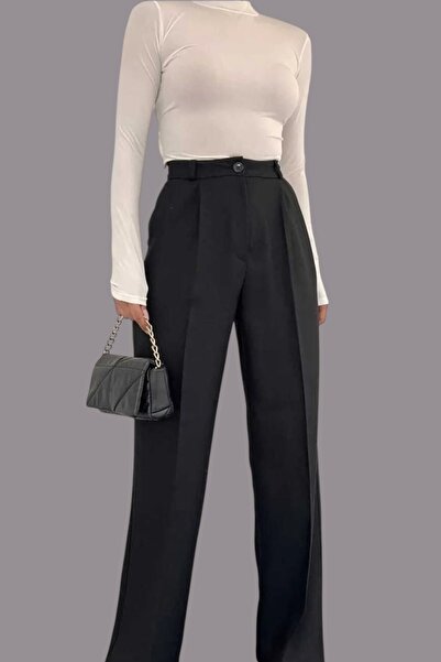 byhaziran butik Klarys Women's Wide Leg Pleated Black Fabric Trousers