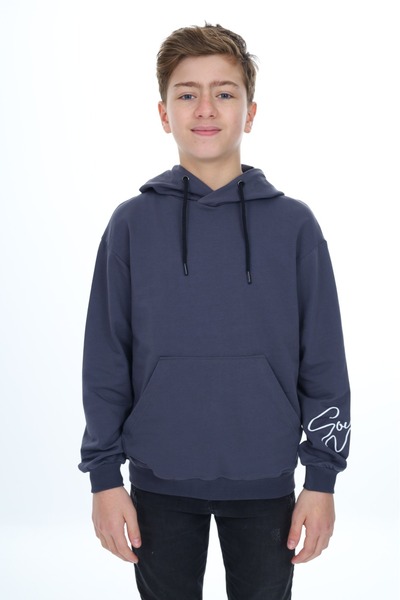 Toontoy Boy's Oversize Hooded Pocket Low Shoulder Printed Sweatshirt - 2 Yarns