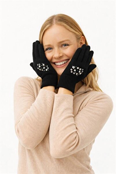 Neşeli Butik Women's Black Stone Embroidered Knitwear Snow Gloves Nbaks028