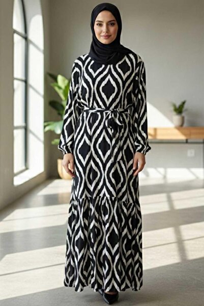 Tesettür Diyarı Γυναικείο Φόρεμα Χιτζάμπ Με σχέδιο Χρωμάτων - Μαύρο-Λευκό