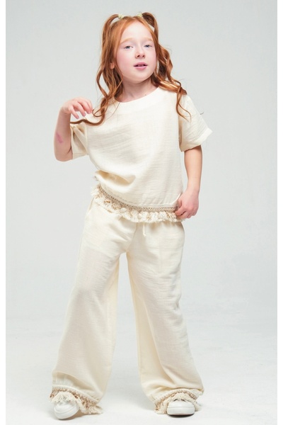 LOCO LOCO Li̇mi̇ Girl's Soft Texture Raw Linen Tassel Detailed Blouse Lined P...