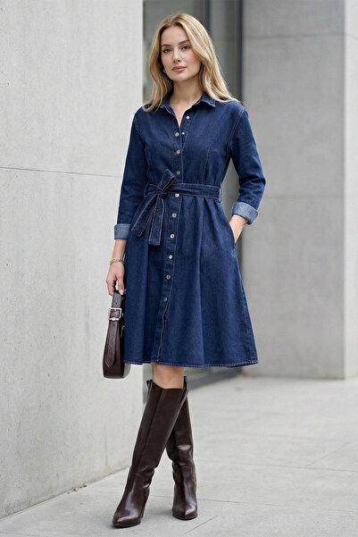 FERHEL Women's Snap-Fastener Araboy Denim Dress