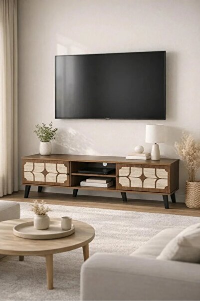 N.zone Modern wooden TV stand, dark brown with beige stone pattern