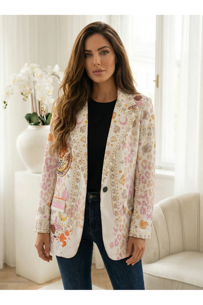UniqueStore.ro White jacket with multicolor print and circular front appliqué