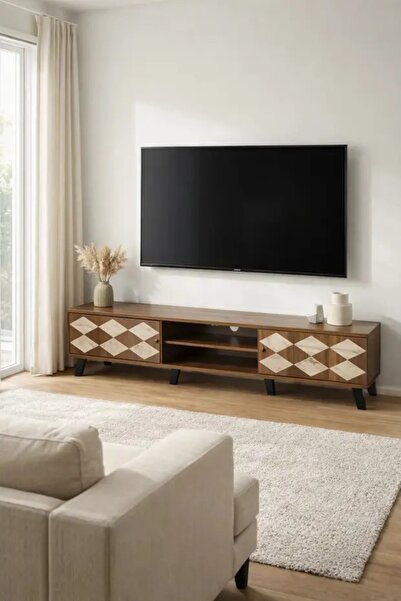 N.zone Modern wooden TV stand, dark brown with beige stone pattern