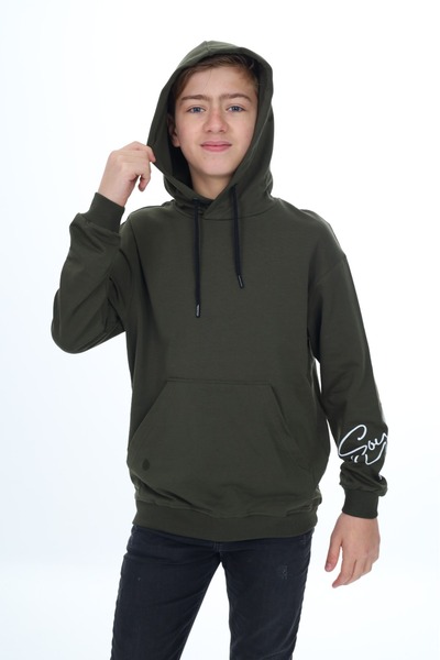 Toontoy Boy's Oversize Hooded Pocket Low Shoulder Printed Sweatshirt - 2 Yarns