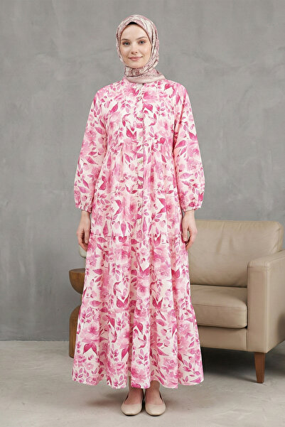 FERHEL Women's Patterned Long Dress with Buttons and Elastic Sleeves - Fuchsia